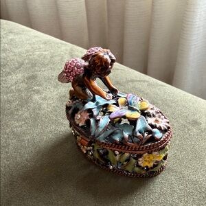 Painted Metal Cherub Trinket Box with Butterfly Accent
